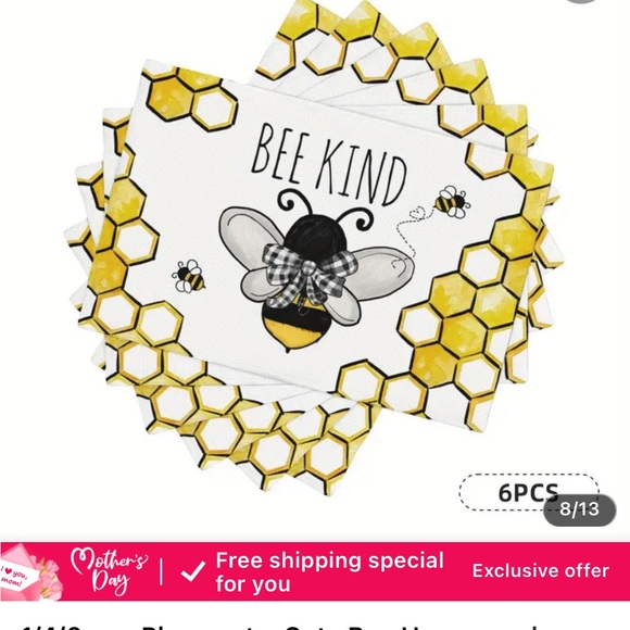 New Bee Kind  Table Mats Set of 4 Washable Placemats 12x18 Inch Farmhouse Dining - Picture 5 of 10